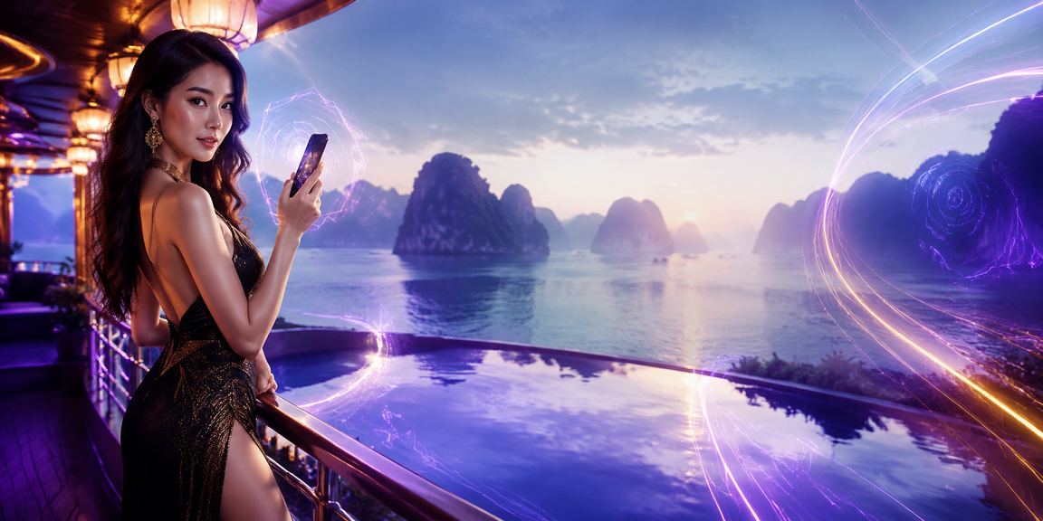 Màn hình neon chiếu cảnh esports betting tại khu vực vịnh Hạ Long về đêm