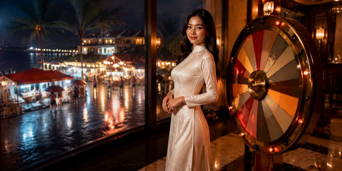 Người phụ nữ mặc áo dài tại Phú Quốc chơi roulette trên điện thoại bên bãi biển
